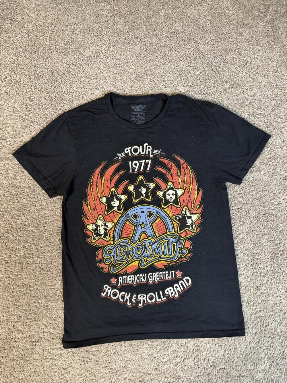 Aerosmith Shirt Mens S Black Tour 1977 Graphic Crew Neck Cotton Tagless